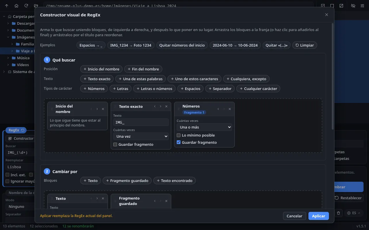 Constructor visual de RegEx: paleta de bloques, la búsqueda «Inicio del nombre + Texto exacto IMG_ + Números (Fragmento 1)» y el reemplazo «Texto + Fragmento guardado»